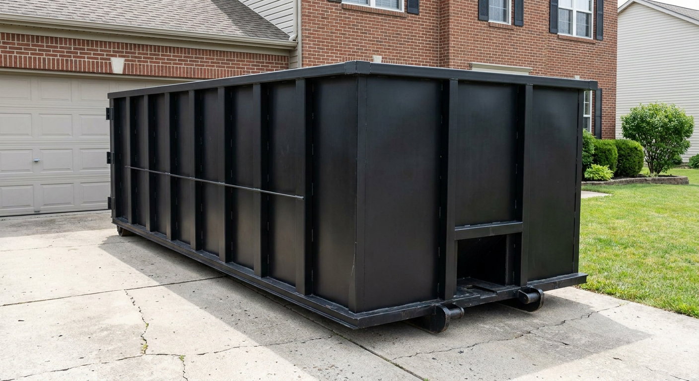 Matte-black 20-yard roll-off container on a Hampton residential concrete driveway with reinforced ribbed steel sidewalls and a hinged rear walk-in door, clean bright daylight.