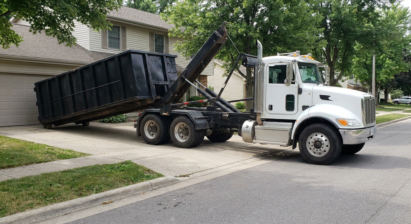 White-cab hooklift roll-off truck actively lowering a matte-black dumpster onto a Hampton residential concrete driveway, the dumpster's rear wheels touching the driveway as the hoist arm tilts the bed forward, mid-morning daylight.