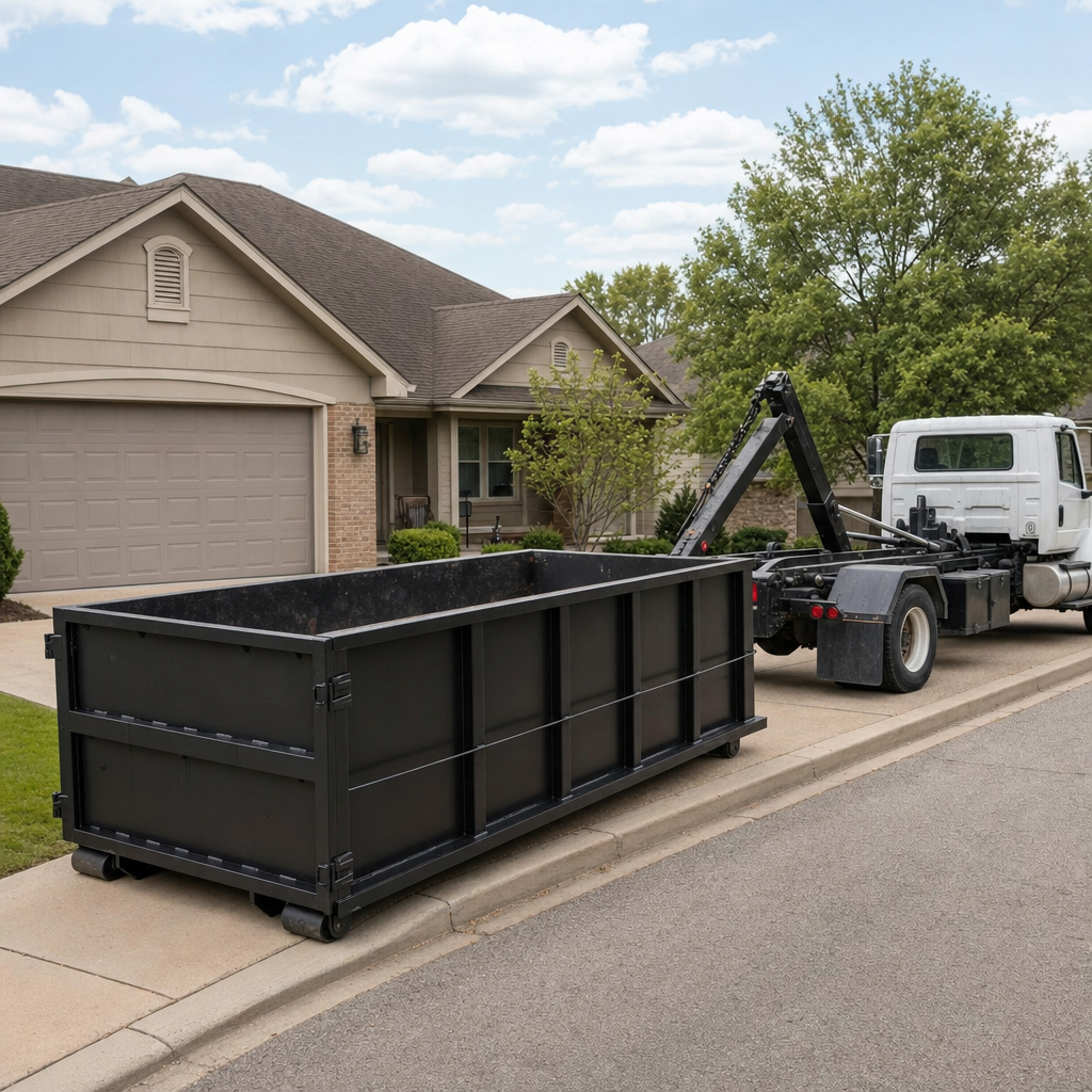 Wide documentary shot of a matte-black roll-off dumpster on a Hampton residential driveway in the foreground and a contractor jobsite container in the soft-focus background, bright daylight, calm and orderly composition.