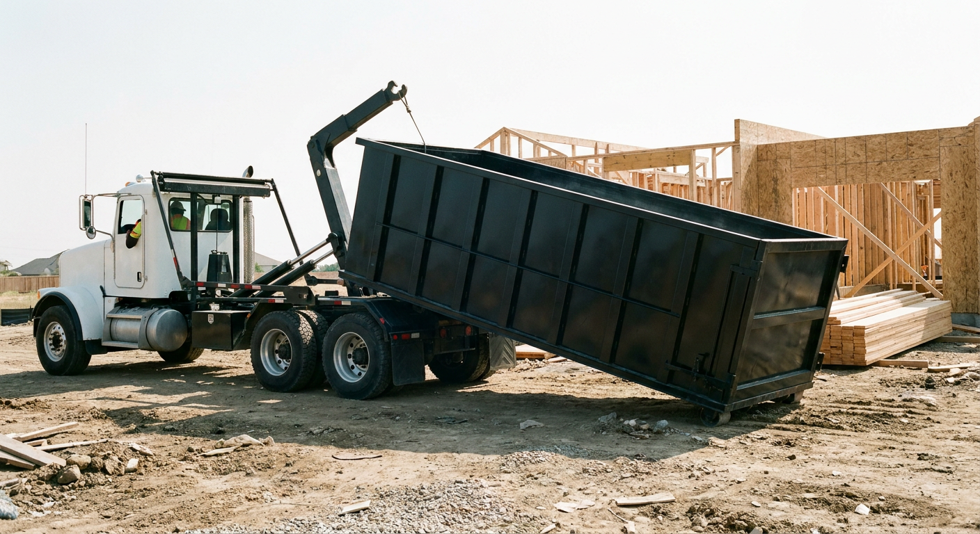 Matte-black roll-off dumpster being delivered onto a clean residential concrete driveway in Hampton by an unmarked white hooklift hauler truck, bright morning daylight, documentary 35mm perspective.